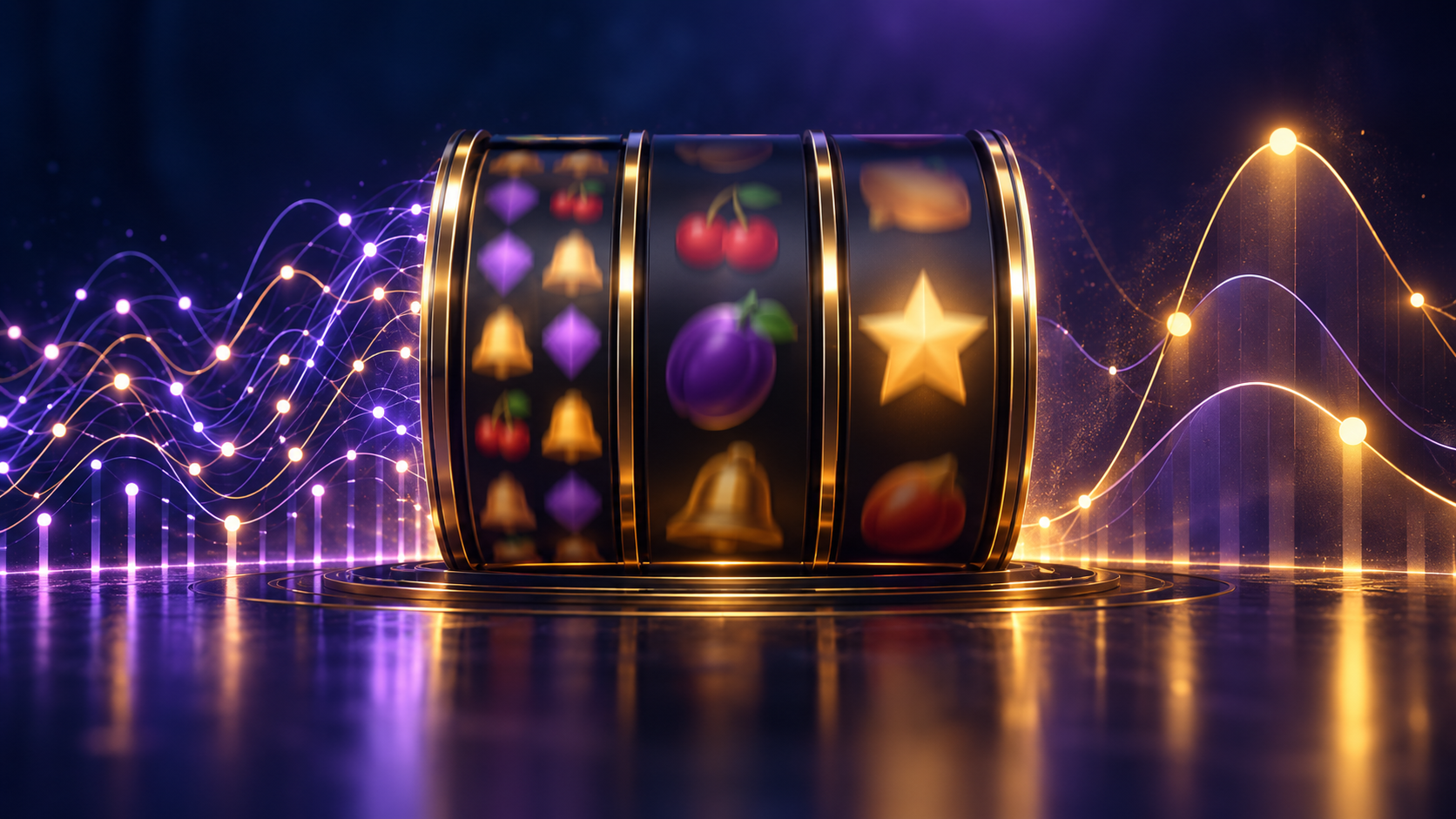 Pokies volatility shown by slot reels with rising and falling win frequency lines