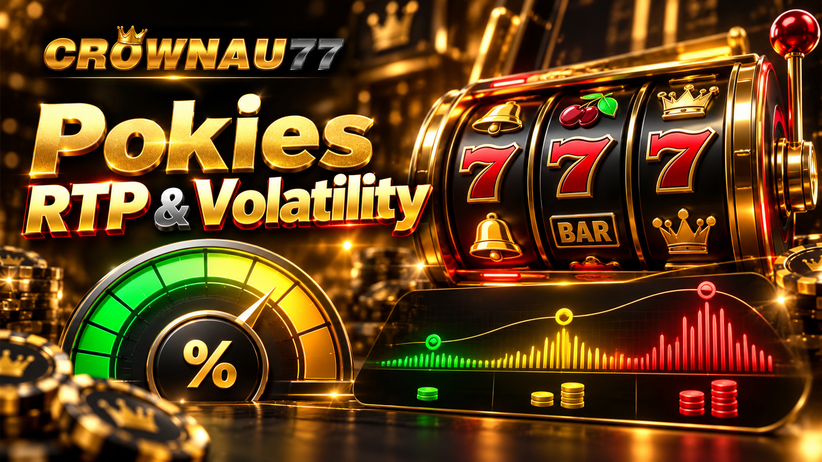 Pokies RTP Australia guide with an RTP percentage gauge and volatility chart beside a slot machine