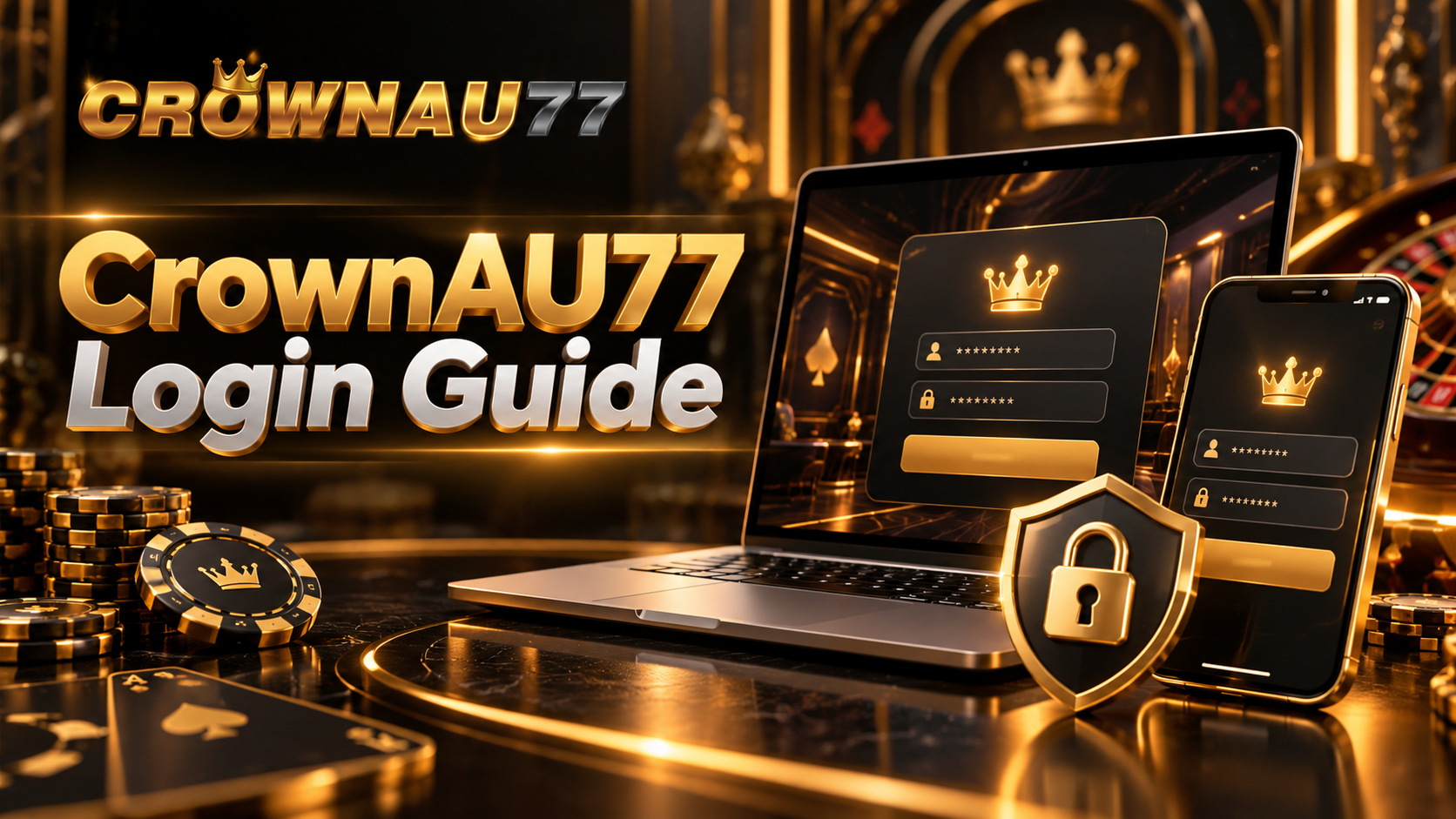 CrownAU77 login guide showing the sign-in form on a laptop and mobile phone with a security lock